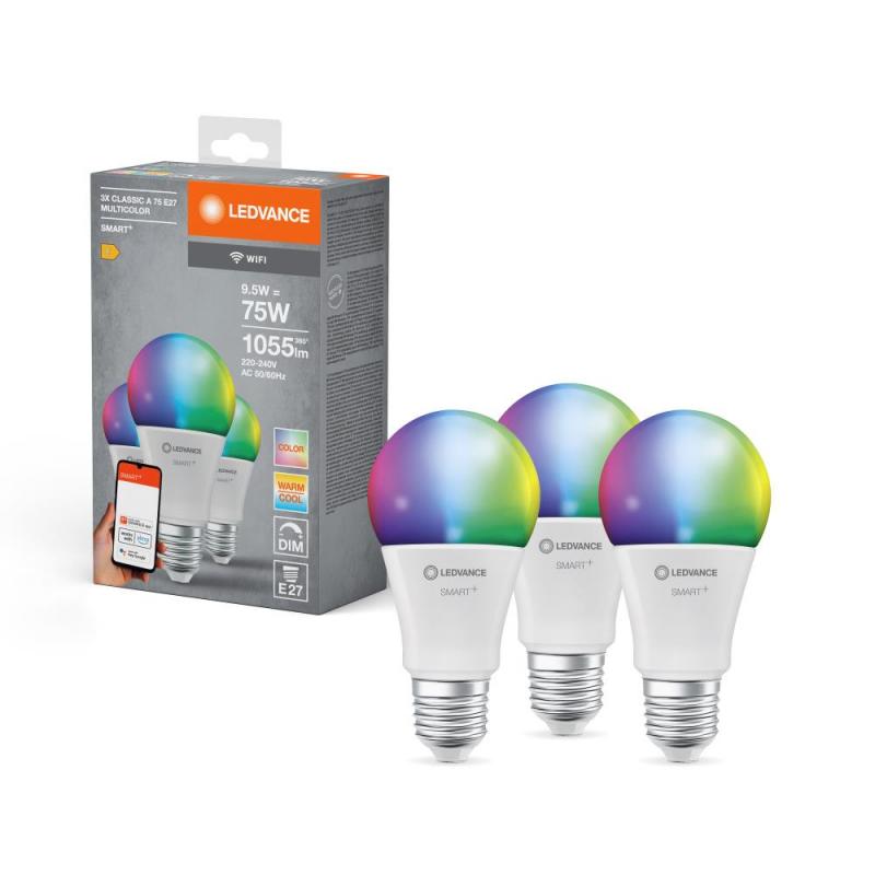 3er Sparpack LEDVANCE SMART+ WiFi Classic E27 Leuchtmittel RGBW Farbwechsel dimmbar 9,5W wie 75W 2700-6500K